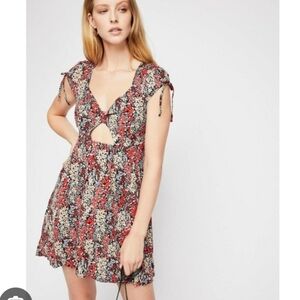Free People Miss Right Floral Mini Dress Cap Sleeves Cut Out Detail Size Large